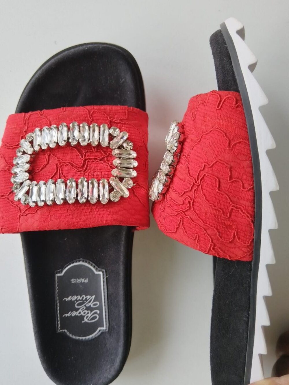 Roger Vivier Red Lace Slidy Viv' Crystal Buckle Sandals - Size 35